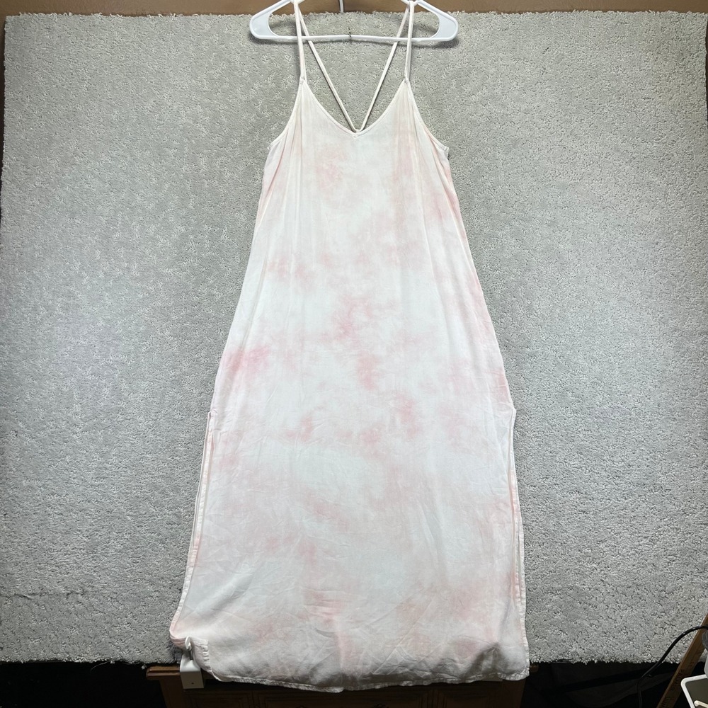 Aerie Midi Slip Dress‎ Womens Medium Pink White Tie Dye V-Neck Slit Beach